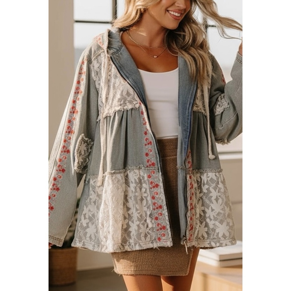POL Light Gray Denim Hooded Jean Jacket with White Lace & Red Floral Accents - Picture 3 of 10